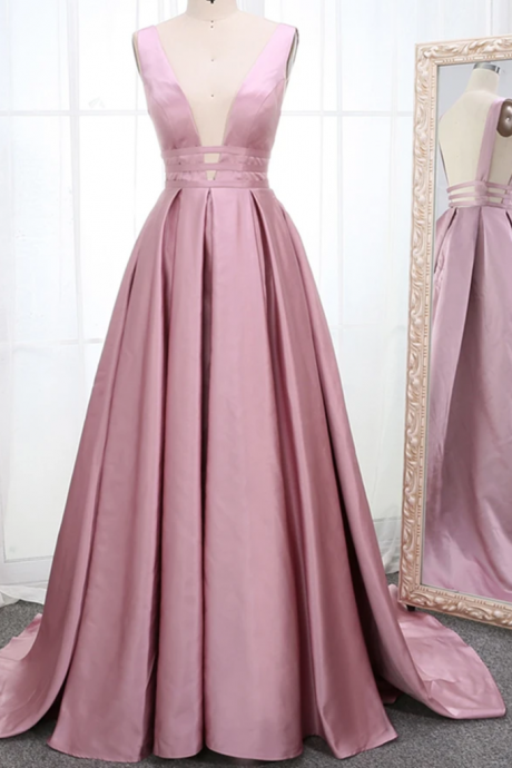Pink V Neck Sleeveless Long Satin Prom Dresses Ruched Long Satin Formal Evening Dresses Sa265