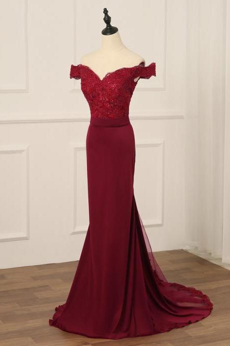 Wine Red Mermaid Lace Top Off Shoulder Prom Dress Burgundy Evenin Dress Sa266