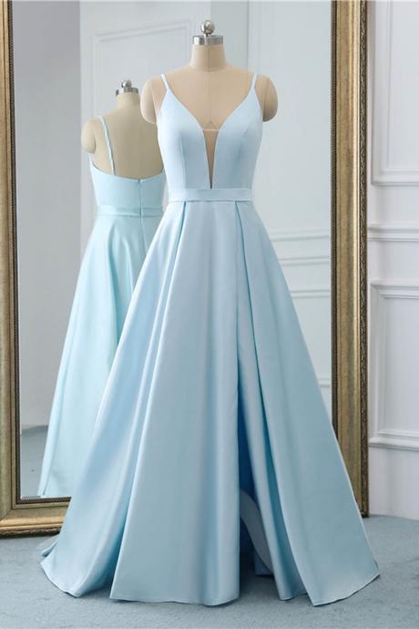 Light Blue Satin Simple Floor Length Prom Dress With Slit, Straps Long Formal Dress Sa268