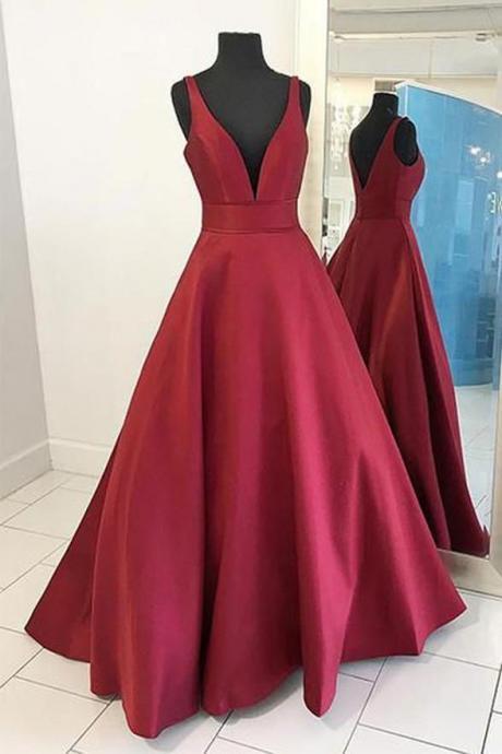 Dark Red Satin Deep V-neckline Long Prom Dres, Burgundy Party Dress Evening Dress Sa269