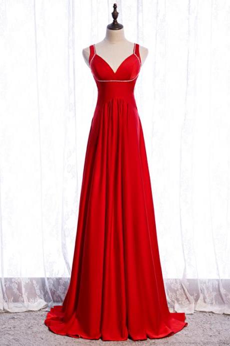 Red Satin Long Sexy Backless Long Straps Formal Dress Hand Made Red Prom Dress Sa271