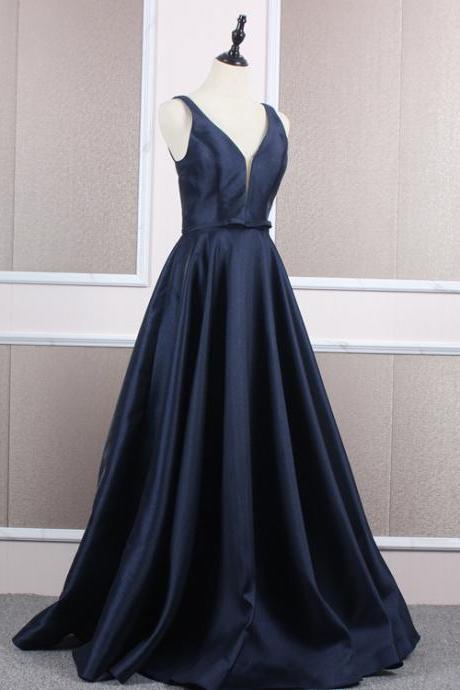 V-neckline Navy Blue Satin Floor Length Junior Prom Dress Navy Blue Party Dress Sa274