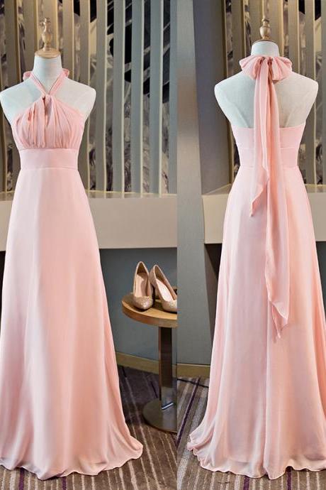 Pink Halter Chiffon A-line Party Dress Custom Pink Bridesmaid Dress Formal Dress Sa280