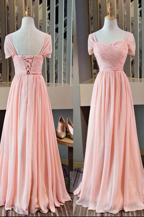 Pink Cap Sleeves Chiffon A-line Party Dress Hand Made Custom Pink Bridesmaid Dress Sa281