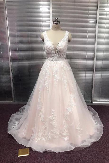 Beautiful Pink Lace Backless Sleeveless Full Appliques Formal Dress Hand Made Wedding Dress Sa286