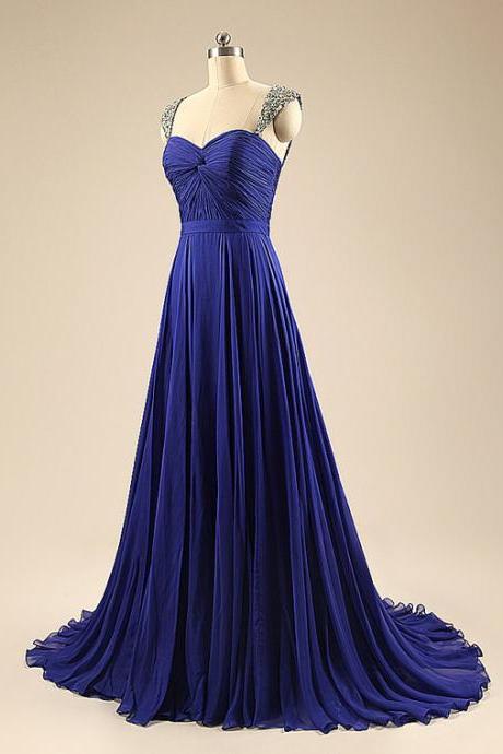 Beautiful Blue Straps Beaded Sweetheart Chiffon Prom Dress Blue Evening Party Dress Sa287
