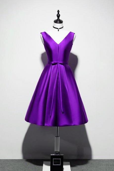 Purple Satin Cute Knee Length Party Dress Short V-neckline Formal Dress Sa290
