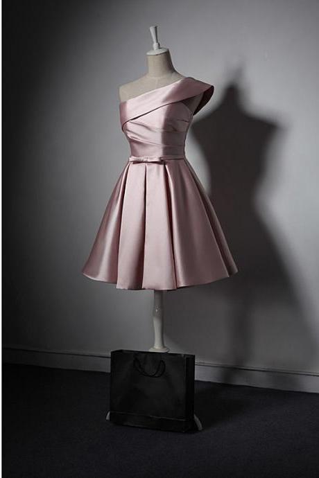 Simple One Shoulder Pink Bridesmaid Dress, Pink Satin Homecoming Dress Sa292