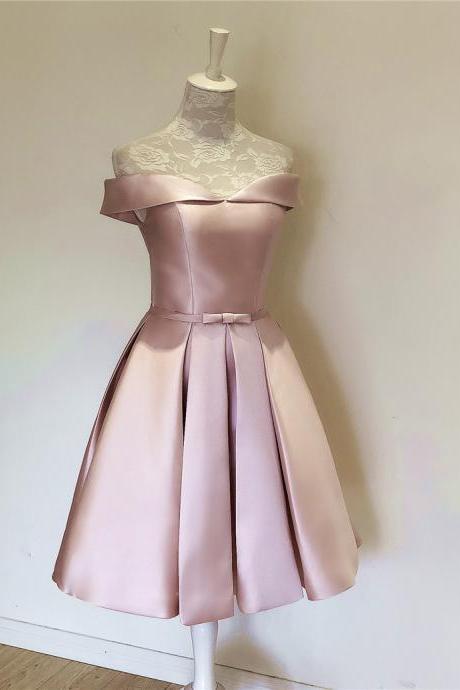 Satin Pink Off Shoulder Knee Length Prom Dress Custom Pink Homecoming Dress Sa293