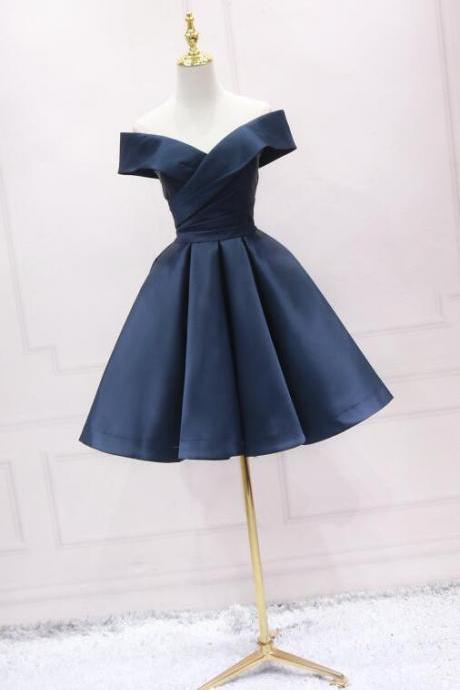Elegant Knee Length Navy Blue Satin Knee Length Party Dress Hand Made Blue Homecoming Dress Sa295