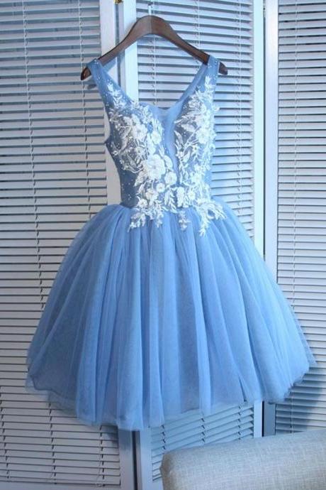 Cute Blue Lace Applique Knee Length Homecoming Dress Hand Made Short Prom Dress Sa297