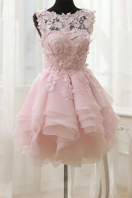 Short Pink Layers Lace Homecoming Dress Custom Pink Party Dress Sa302