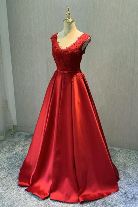Red Satin And Lace V-neckline Long Party Dress Custom Red Prom Dresses Sa303