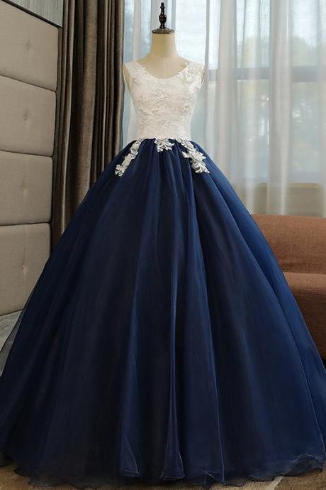 Beautiful Navy Blue Ball Gown Sweet 16 Dress With White Top Evening Dress Long Formal Dress Sa310