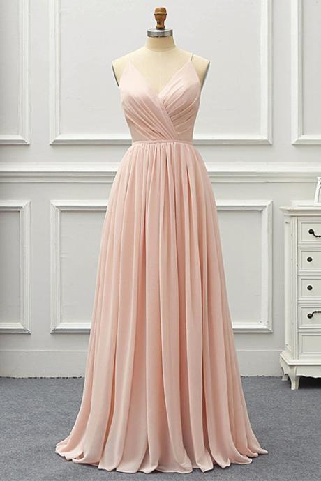 Beautiful Pink Chiffon Strps Long Prom Dress, Pink Bridesmaid Dress Evening Gown Sa314