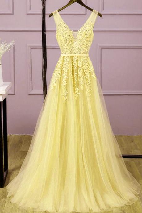 Beautiful Yellow Long Formal Gown Hand Made A-line Tulle Yellow Prom Dresses Sa317
