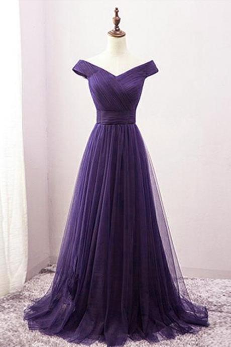 Long Purple A-line Off The Shoulder Prom Dress Hand Made Tulle Bridesmaid Dress Sa321