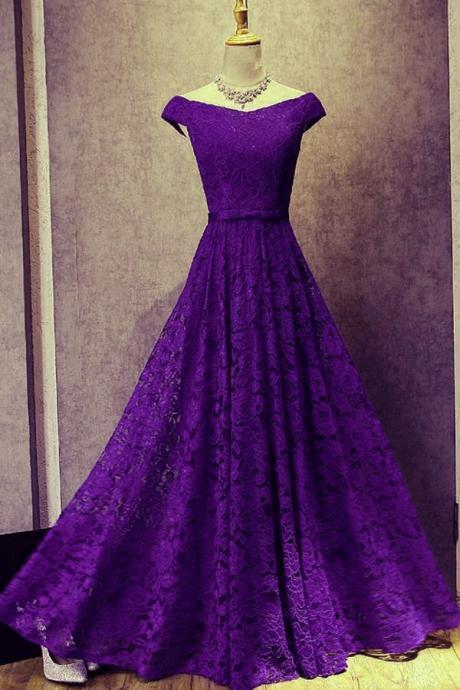 Beautiful Lace Purple Long Bridesmaid Dress Hand Made Off Shoulder Party Gown Sa323