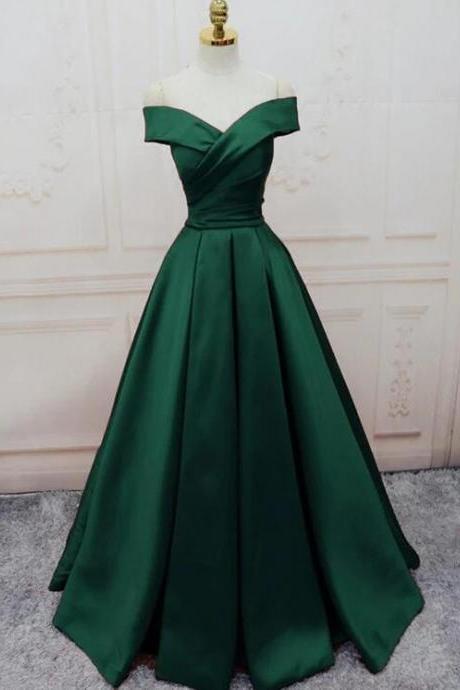 Charming Dark Green Satin Off Shoulder Long Formal Gown Hand Made Prom Dress Sa329