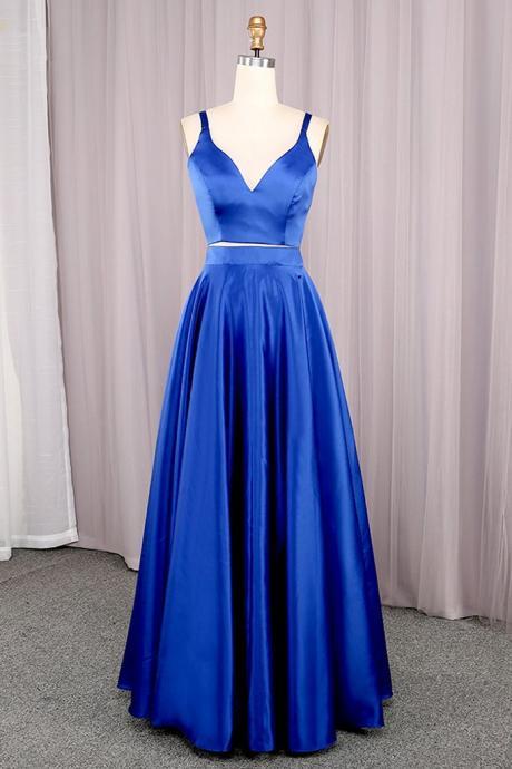 Beautiful Royal Blue Satin Straps Two Piece Party Dress,hand Made Custom Long Prom Dress Sa335