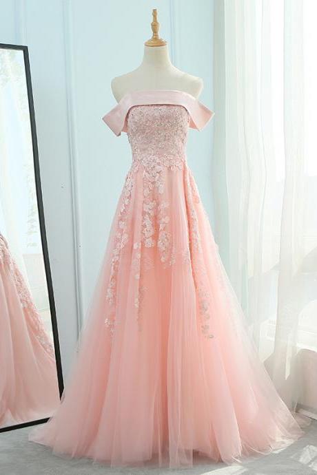 Pink Tulle Off Shoulder Long Formal Dress Hand Made Pink Prom Dress Sa336