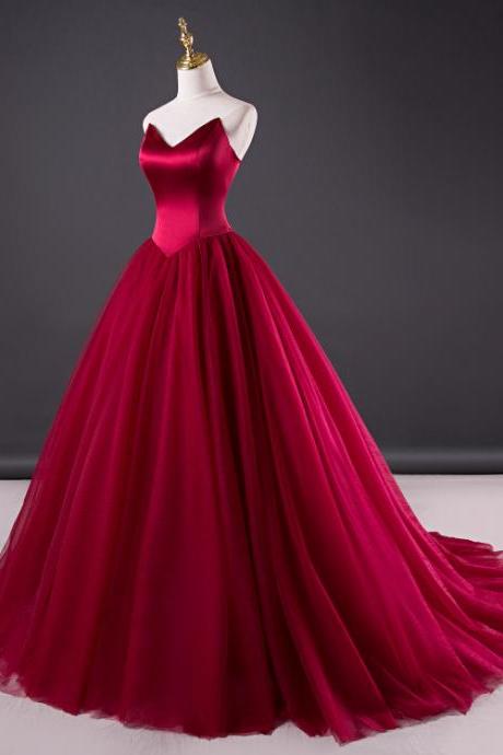 Charming Wine Red Tulle And Satin Long Party Evening Dress Sweet 16 Prom Gown Sa347