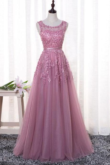 Elegant Pink Lace Applique Long Prom Dress,custom Round Formal Dress Sa348