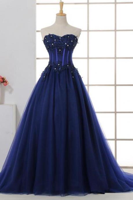 Charming Navy Blue Tulle Sweetheart Party Dress, Hand Made Blue Ball Gown Formal Dress Sa351