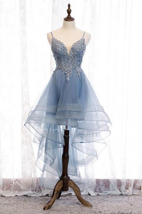 Elegant Blue V-neckline High Low Party Dress,hand Made Custom Straps Prom Dress Sa353