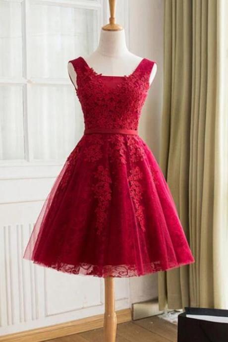 Beautiful Dark Red Short Tulle Prom Dress, V Neck Evening Party Dress Sa358