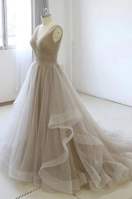 Champagne V-neckline Tulle Simple Wedding Party Dress,hand Made Long Evening Gown Sa361