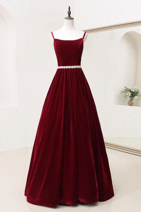 Dark Red Velvet Straps Long Prom Gown,hand Made Custom Charming Party Evening Dress Sa370