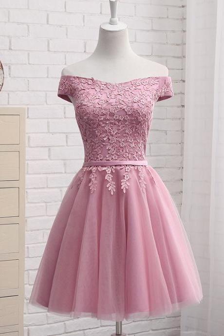 Pink Tulle Knee Length Party Evening Dress,lace Applique Short Prom Dress Sa372