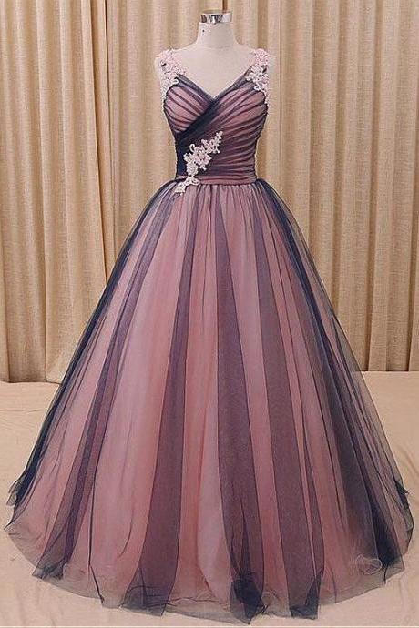 Beautifultulle V-neck Ball Gown Evening Dress With Lace Applique Prom Dress Sa375