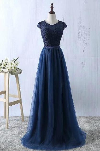 Beautiful Tulle With Lace Blue Bridesmaid Dress Hand Made Long Evening Gown Sa380