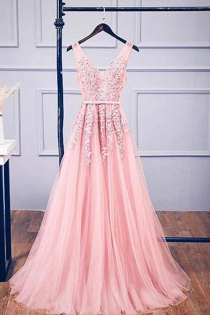Charming Pink Long Lace Applique Backless Party Evening Dress, Pink Bridesmaid Dress Sa383