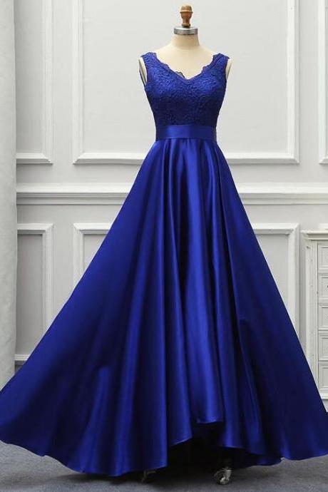 Blue Satin And Lace V-neckline Long Party Evening Dress, Bridesmaid Dress With Bow Sa393