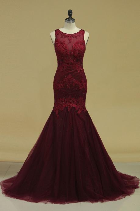 Wine Red Mermaid Tulle With Lace Evening Gown, Hand Made Custom Prom Dress Sa394