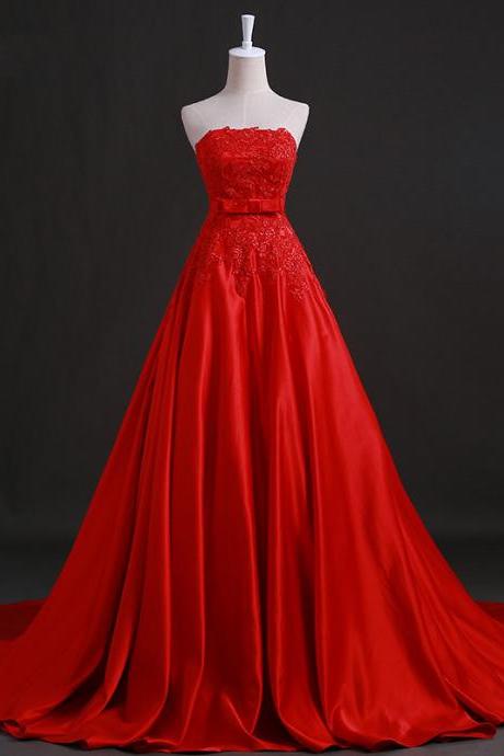 Strapless Red Satin Long Party Dress With Lace Applique, Sweet 16 Red Dress Sa395