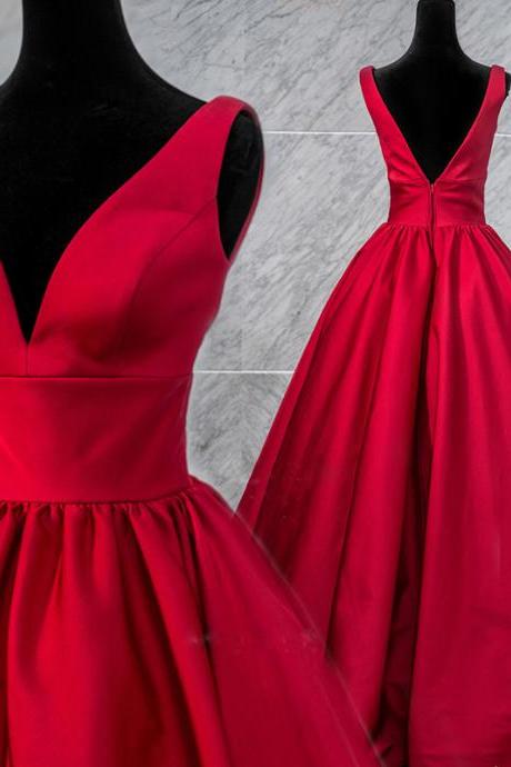 Beautiful Red V-neckline Satin Long Party Dress, Hand Made Red Prom Dress Sa398