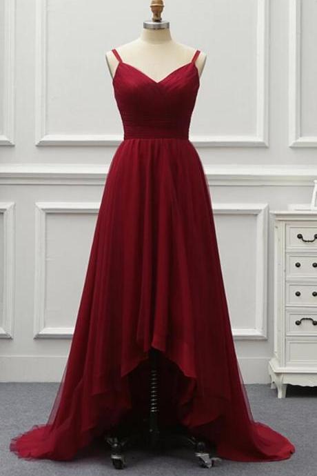 Dark Red High Low Party Evening Dress, Women Straps Bridesmaid Dresses Sa400