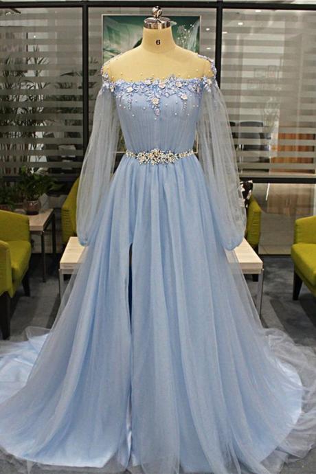 Blue Tulle Long Beaded Sweet 16 Prom Dress With Sleeves, Slit Evening Dres Sa609