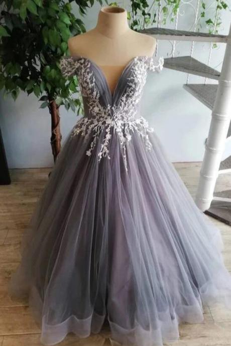 Grey Tulle Lace Applique Long Formal Evening Gown, Grey Prom Dress Sa612