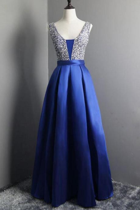 Beautiful Simple Beaded Satin Blue Long V Neck Prom Dresses Sa614