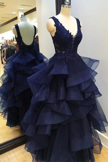 Hand Made V Neck Navy Blue Backless Prom Dresses, Evening Gowns Dress Sa615