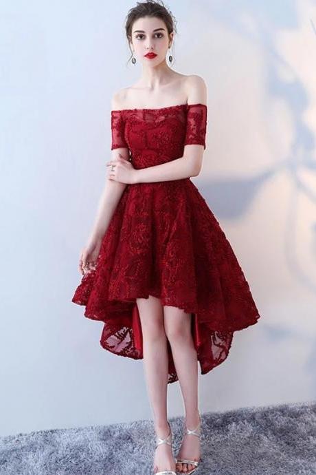 Dark Red High Low Lace Homecoming Dress, Lovely Party Dress Sa619