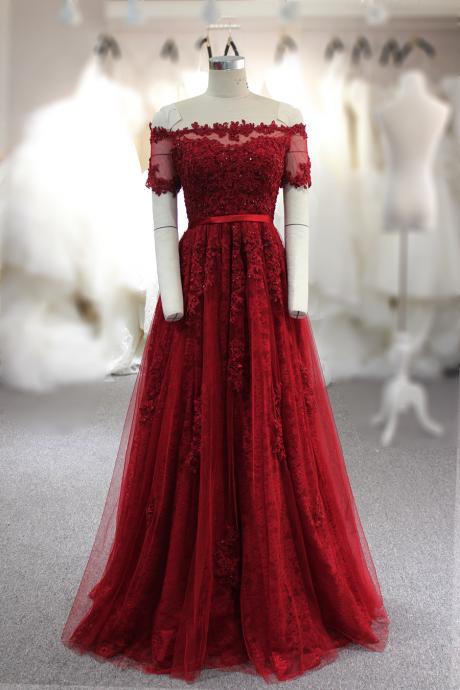 Wine Red Lace Off The Shoulder Long Party Dresses, Elegant Bridesmaid Dress Sa631