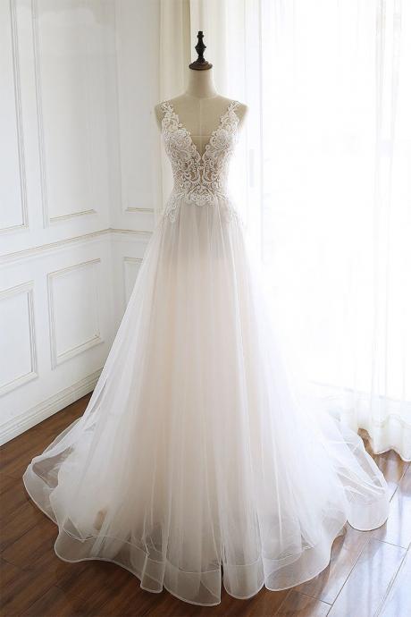 Elegant Lace V-neckline Long Tulle Wedding Gowns, Charming Party Dress Sa633