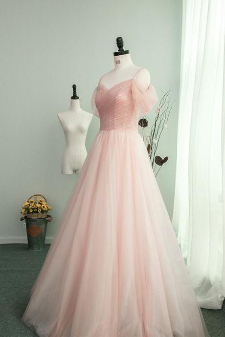 Pink Tulle Long Off The Shoulder Party Gowns, Pink Formal Dresses Sa634