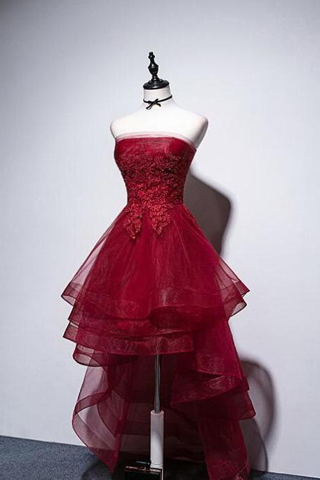 High Quality Wine Red High Low Lace Party Evening Dress, Women Homecoming Dresses Sa635